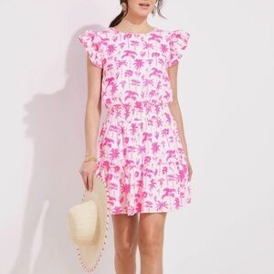 Vineyard Vines Linen Pink Palm Tree Ruffle Mini Dress XS vacation resort wear
